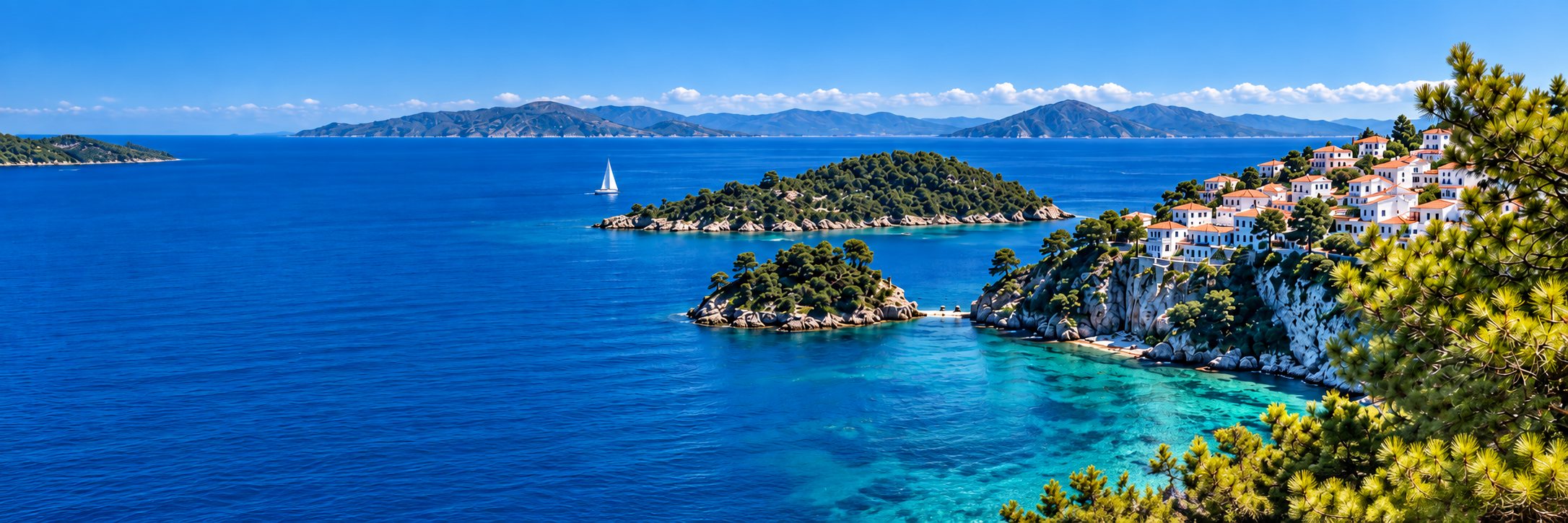 Illustrative Aegean island panorama inspired by the reference design